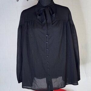 Time and Tru Black Soot Long Sleeve Tie Neck Polyester Relaxed Fit Button Up Top